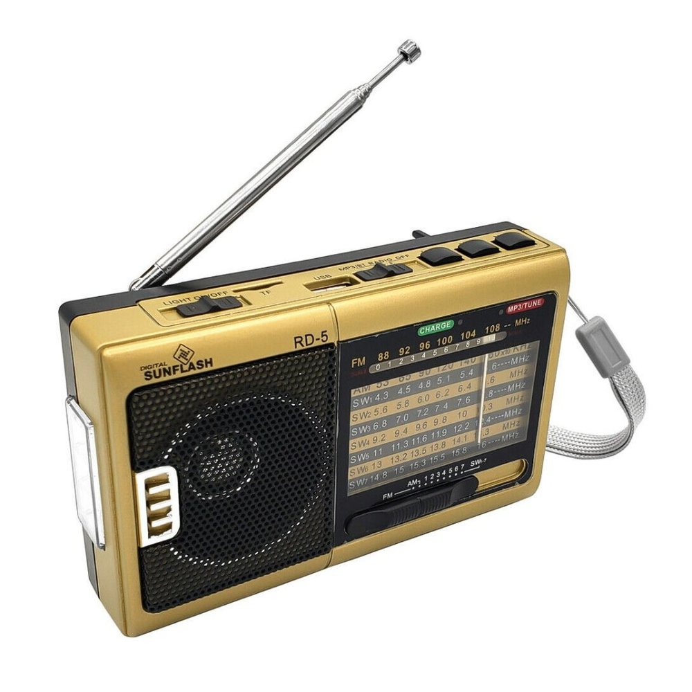 New Sunflash Gold Bluetooth AM/FM/SW 9CH Potable Radio W/ Flashlight USB/TF MP3